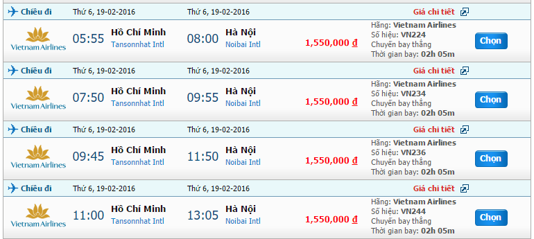 Giá vé Vietnam Airlines chuyến bay Sài Gòn đi Hà Nội trong tháng 2/2016