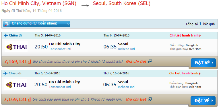 giá vé máy bay Thai Airways đi Seoul