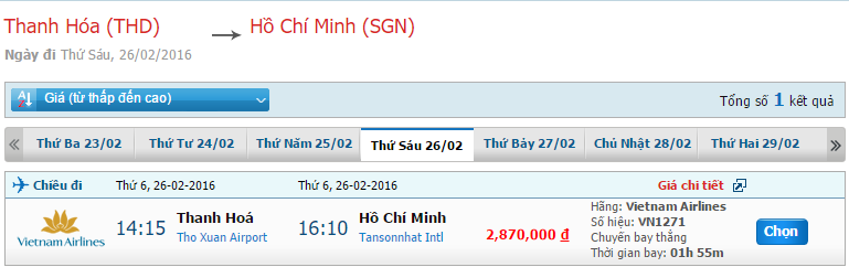 Cập nhật giá vé Vietnam Airlines chuyến bay Thanh Hóa đi Sài Gòn trong tháng 2/2016 