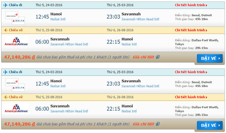 Vé máy bay American Airlines từ Hà Nội đi Savannah