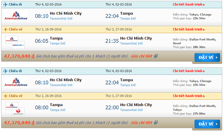 Vé máy bay American Airlines từ Hồ Chí Minh đi Tampa