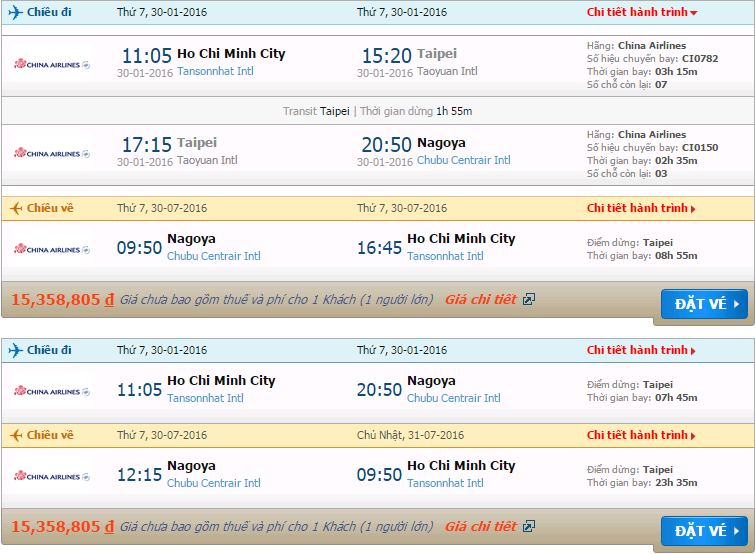 Vé máy bay China Airlines Hồ Chí Minh đi Nagoya