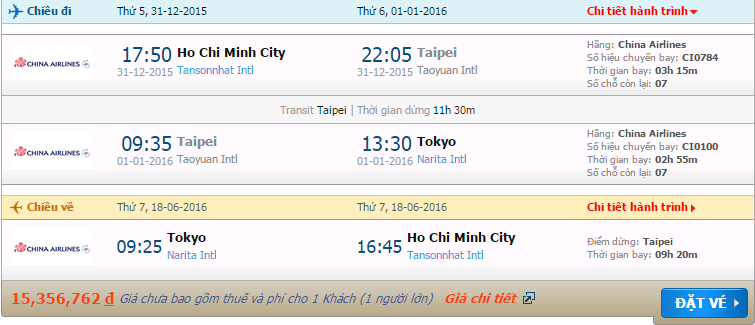 vé máy bay China Airlines Hồ Chí Minh đi Tokyo