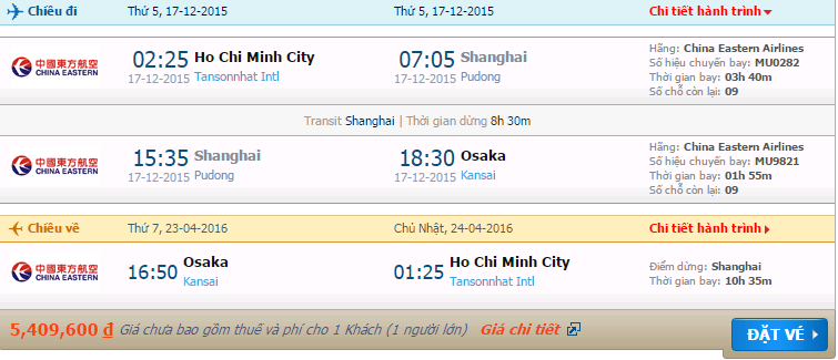 Vé máy bay China Eastern Hồ Chí Minh đi Osaka