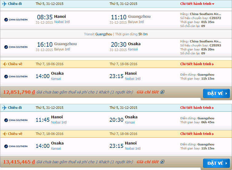 Bảng giá vé máy bay China Southern Airlines Hà nội đi Osaka