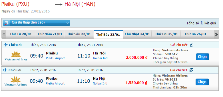 Bảng giá vé máy bay từ Pleiku đi Hà Nội của Vietnam Airlines