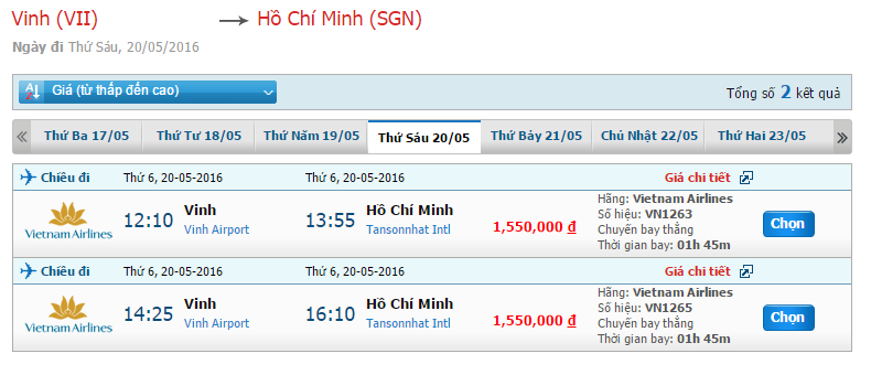 Bảng giá vé máy bay từ Vinh đi Sài Gòn