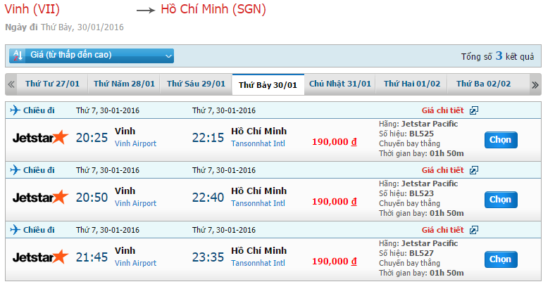 Bảng giá vé máy bay từ Vinh đi Sài Gòn tháng 01/2016