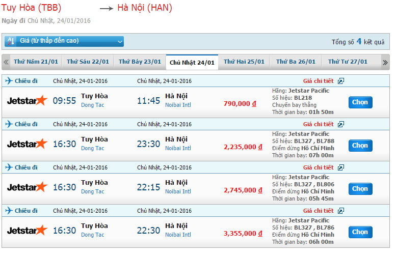Bảng giá vé máy bay từ Tuy Hòa đi Hà Nội của Jetstar Pacific
