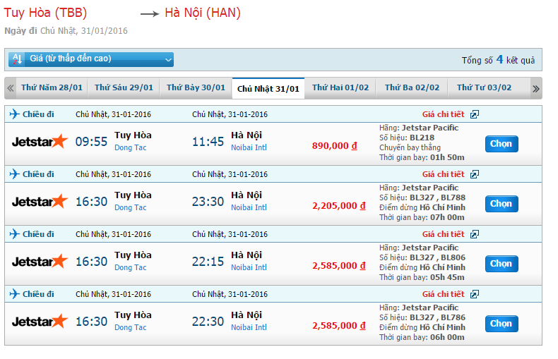 Bảng giá vé máy bay từ Tuy Hòa đi Sài Gòn của Jetstar Pacific