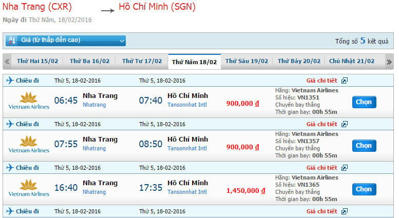 Bảng giá vé máy bay Vietnam Airlines từ Nha Trang đi Sài Gòn