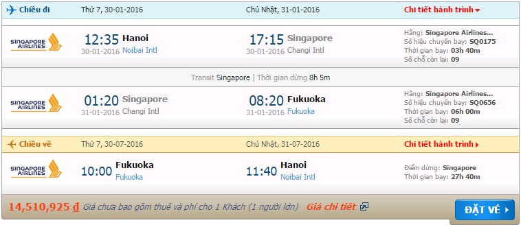 Vé máy bay Singapore Airlines Hà Nội đi Fukuoka