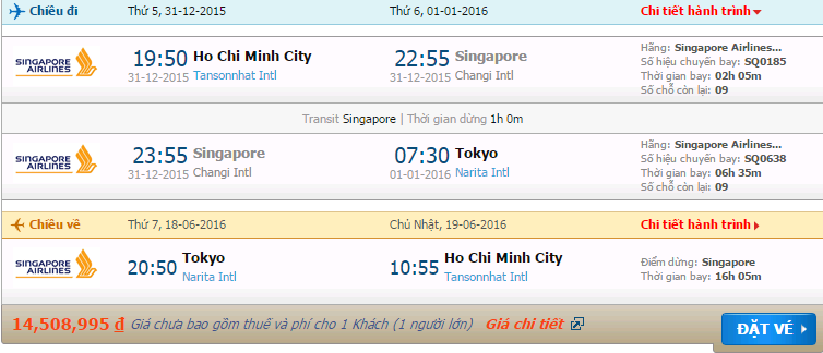 vé máy bay Singapore Airlines Hồ Chí Minh đi Tokyo