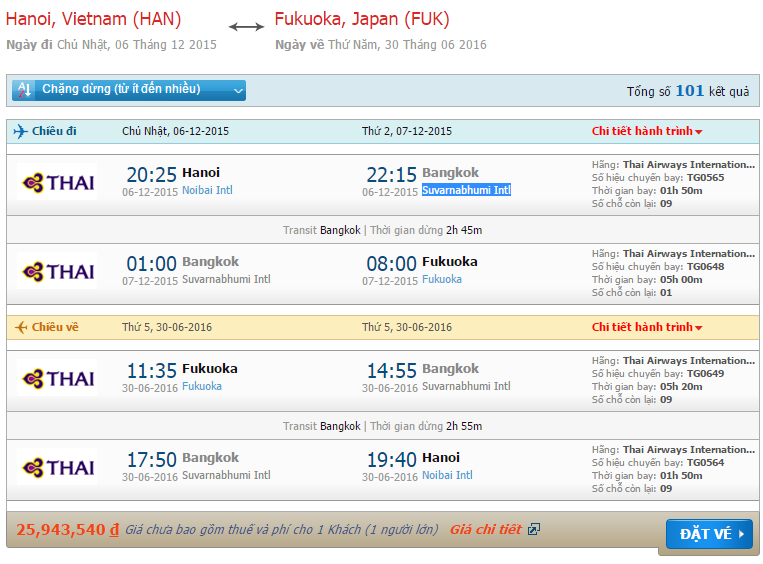 Vé máy bay Thai Airways đi Fukuoka - Nhật Bản