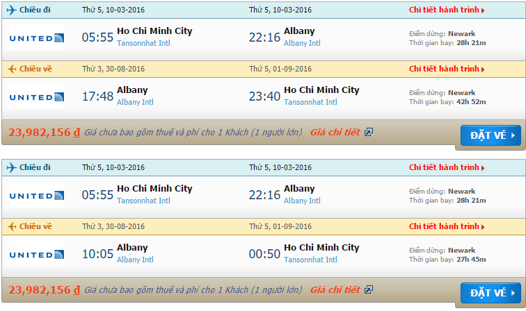 Vé máy bay United Airlines từ Hồ Chí Minh đi Albany