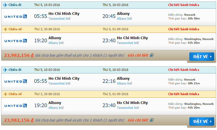 Vé máy bay United Airlines từ Hồ Chí Minh đi Albany
