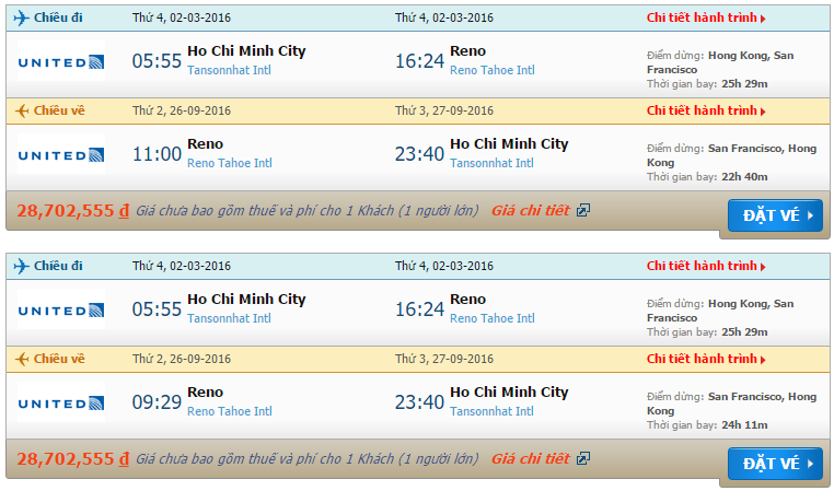 Vé máy bay United Airlines từ Hồ Chí Minh đi Reno
