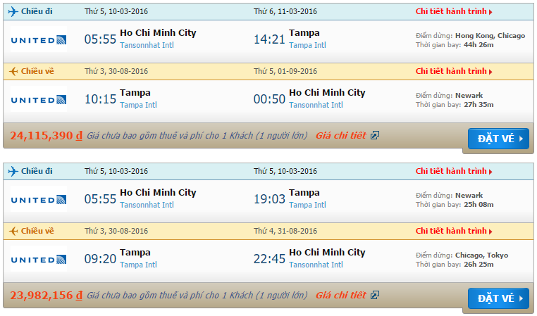 Vé máy bay United Airlines từ Hồ Chí Minh đi Tampa