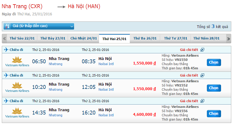 Bảng giá vé Vietnam Airlines từ Nha Trang đi Hà Nội tháng 01/2016