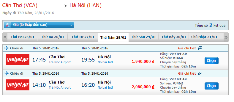 Bảng giá vé máy bay từ Cần Thơ đi Hà Nội tháng 01/2016