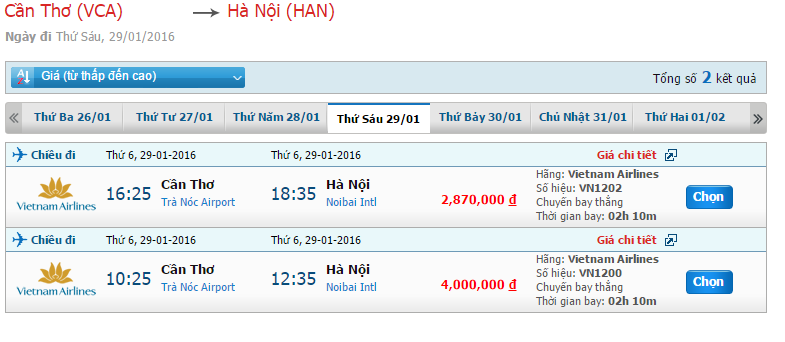 Bảng giá vé máy bay từ Cần Thơ đi Hà Nội tháng 01/2016