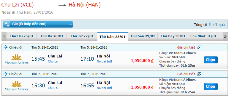 Bảng giá vé máy bay từ Chu Lai đi Hà Nội của Vietnam Airlines