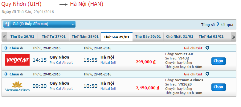 Bảng giá vé máy bay từ Quy Nhơn đi Hà Nội