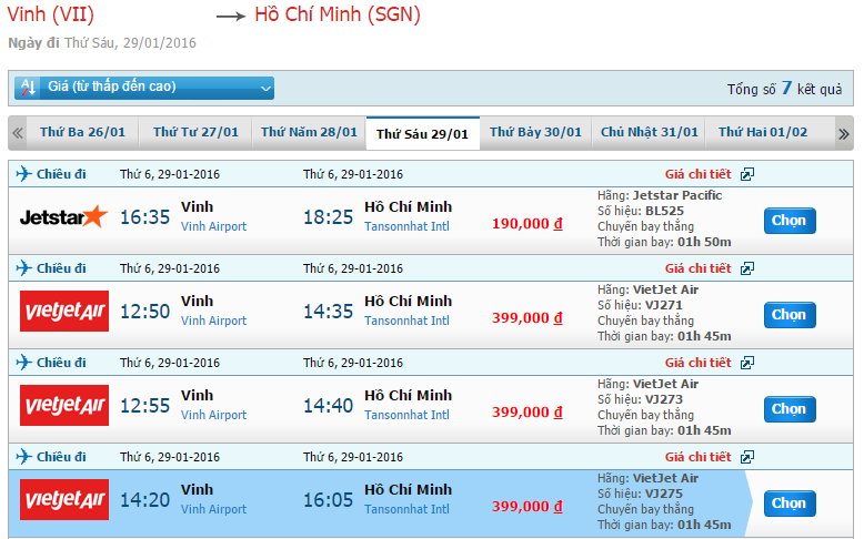 Bảng giá vé máy bay cho hành trình đi Sài Gòn tháng 01/2016