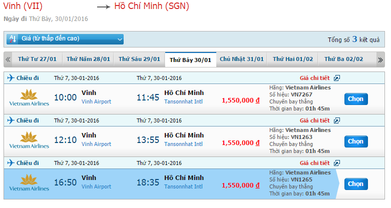 Bảng giá vé máy bay Vinh đi Sài Gòn của Vietnam Airlines