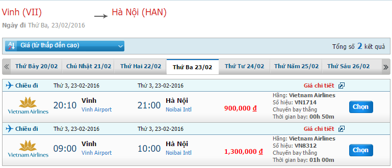 Giá vé Vietnam Airlines chuyến bay Vinh đi Hà Nội trong tháng 2/2016