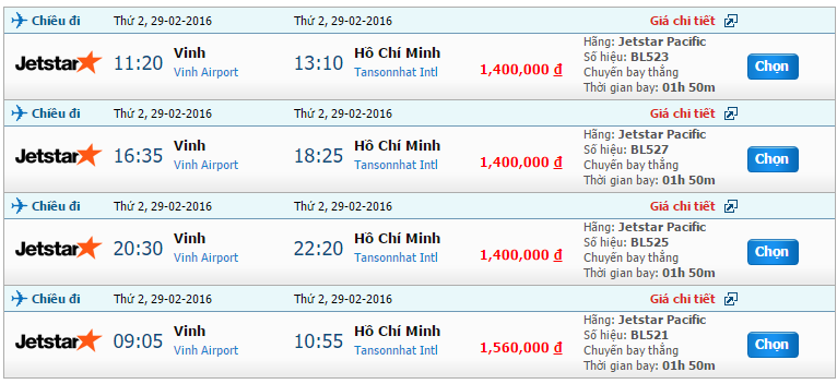 Cập nhật giá vé JetStar chuyến bay Vinh đi Sài Gòn trong tháng 2/2016 