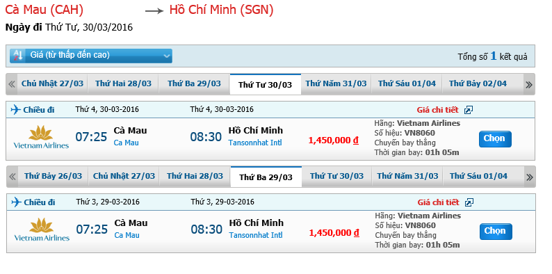 Bảng giá vé máy bay từ Cà Mau đi Sài Gòn