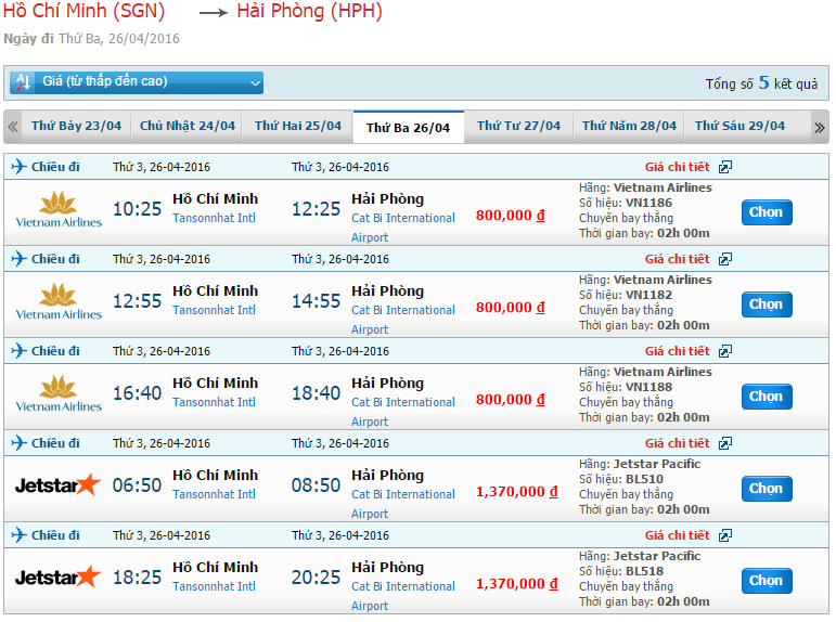 Bảng giá vé máy bay từ Sài Gòn đi Hải Phòng