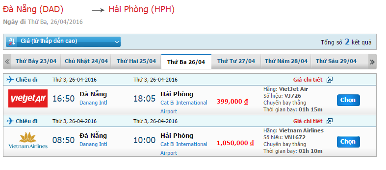 Bảng giá vé máy bay từ Đà Nẵng đi Hải Phòng
