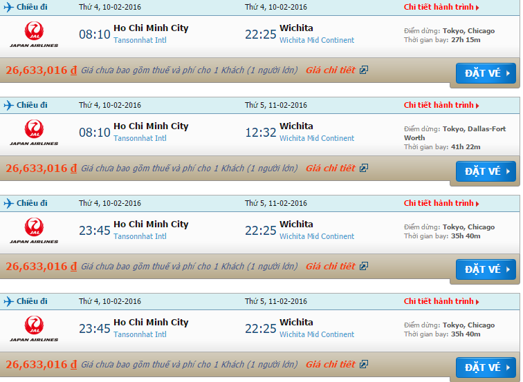 vé máy bay Japan Airlines từ Hồ Chí Minh đi Wichita