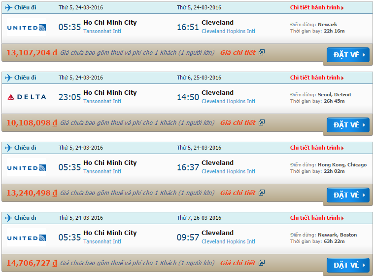 Vé máy bay từ Hồ Chí Minh đi Cleveland