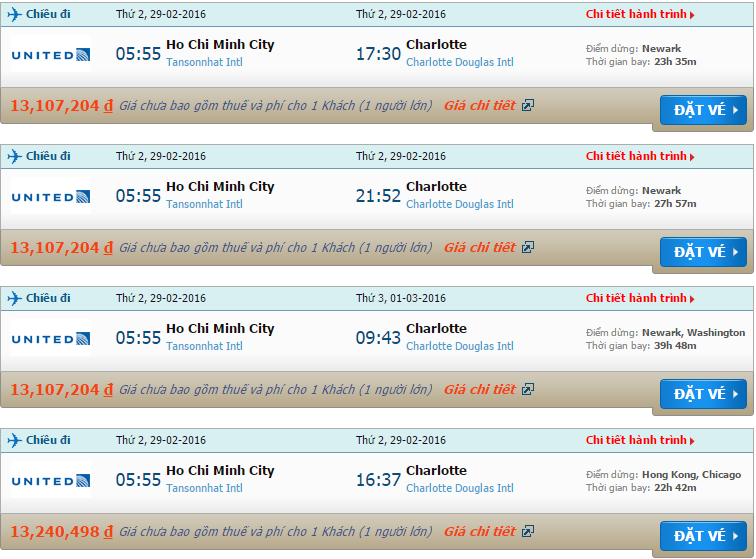 Vé máy bay United Airlines từ Hồ Chí Minh đi Charlotte