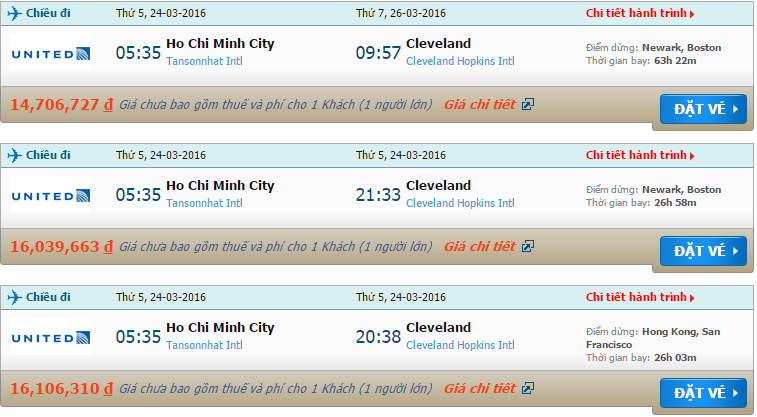 Vé máy bay United Airlines từ Hồ Chí Minh đi Cleveland
