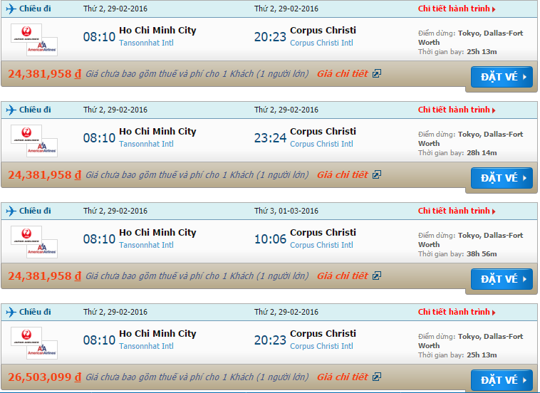 vé máy bay Japan Airlines từ Hồ Chí Minh đi Corpus Christi